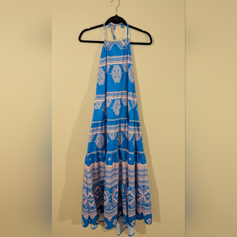 Blue Halter Maxi Dress With Pale Pink Accents Side Zip Elastic Back Size Large